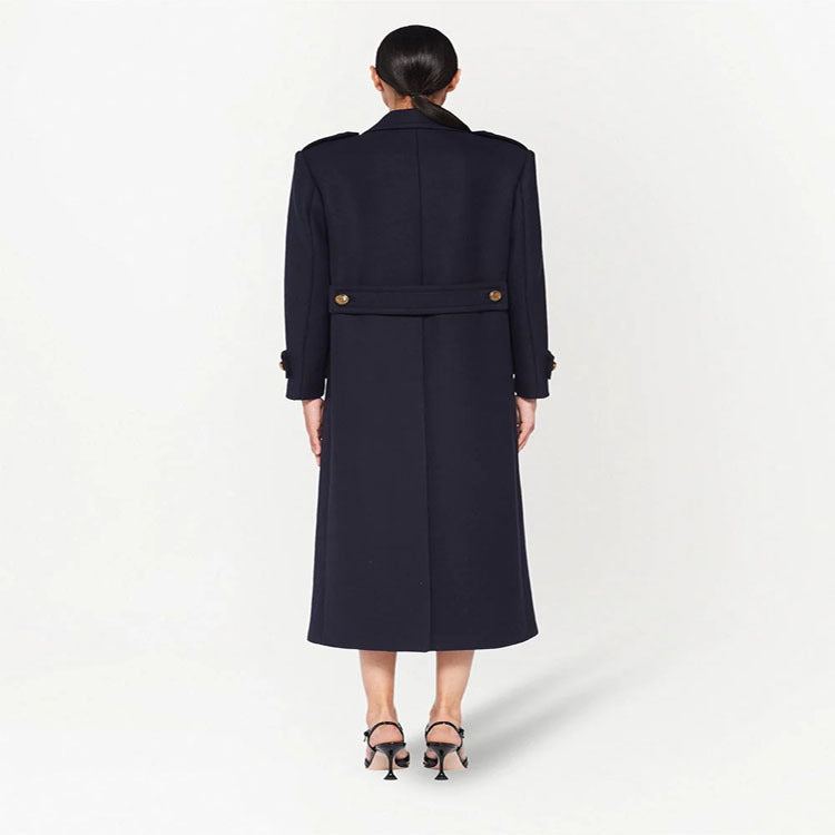 Damen Doppelreihiger militärinspirierter Maxi‑Wollmantel mit Epauletten und Zierriegeln Nord Taschen