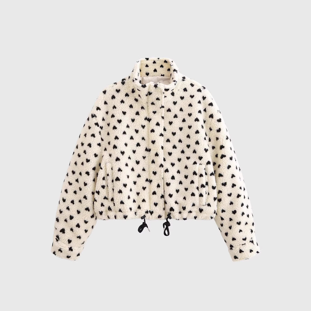 Damen Kurze Teddyjacke aus Sherpa‑Fleece mit Herzchenprint und Tunnelzug Nord Taschen