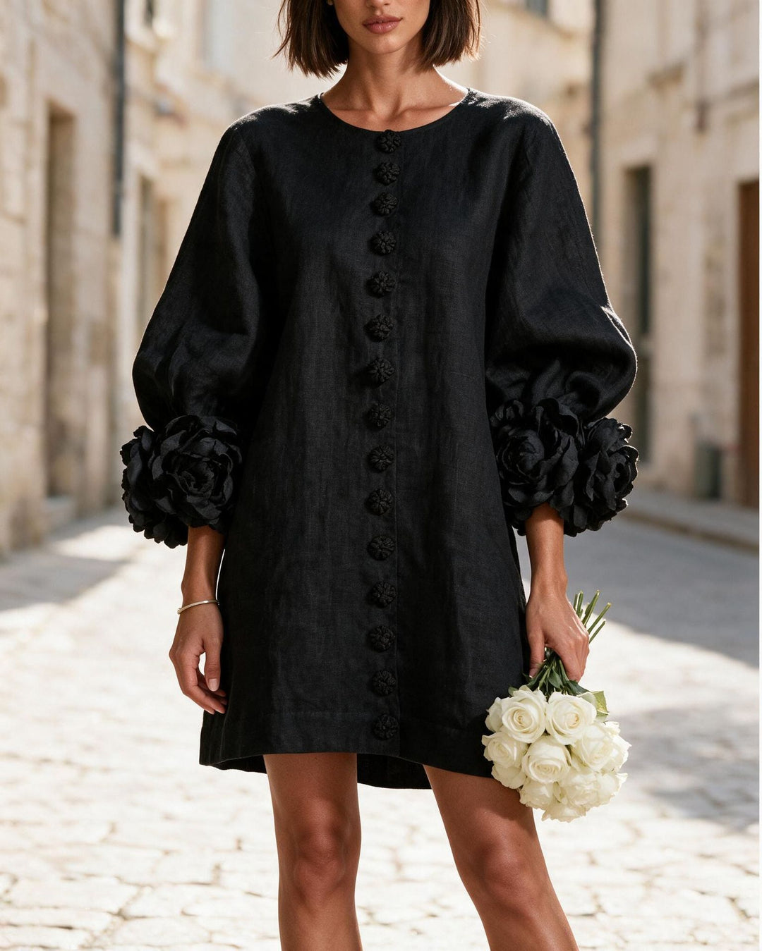Damen Kurzkleid aus Leinen mit voluminösen Ballonärmeln und 3D-Blumenmanschetten Nord Taschen