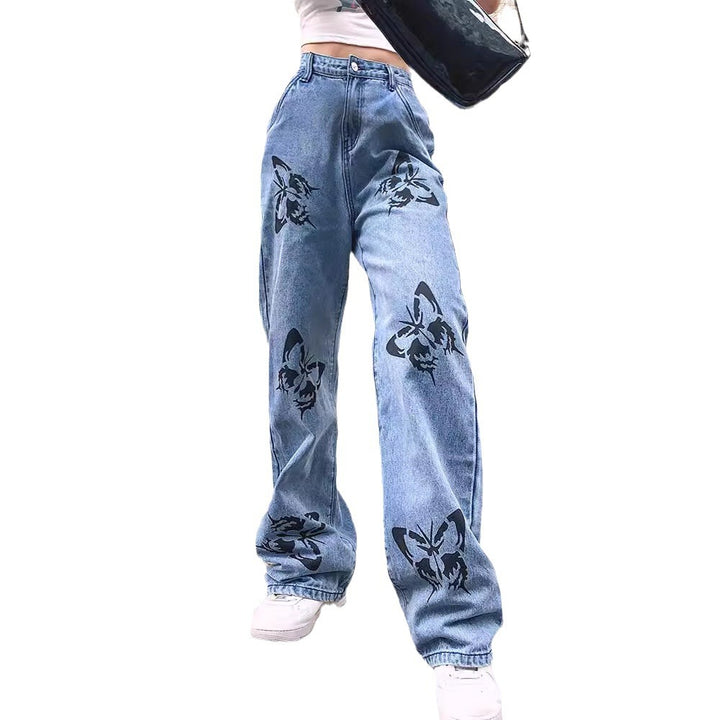 Damen weite High-Waist-Jeans mit Gothic-Schmetterlingsprint und entspanntem Straight-Leg Nord Taschen