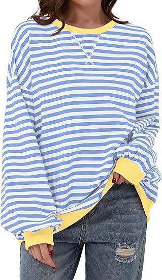 Damen Gestreifter Oversize Pullover mit Kontrastbündchen Nord Taschen