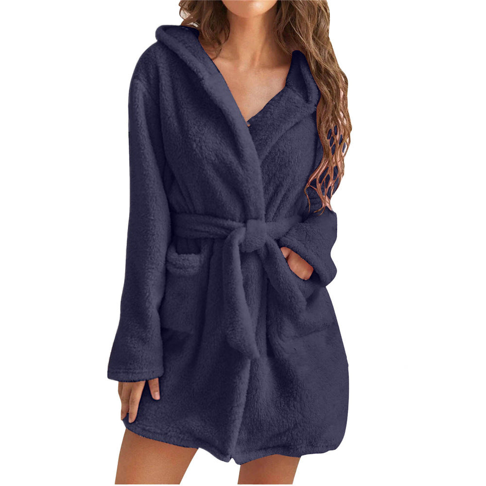 Damen Fleece Bademantel mit Kapuze und Gürtel