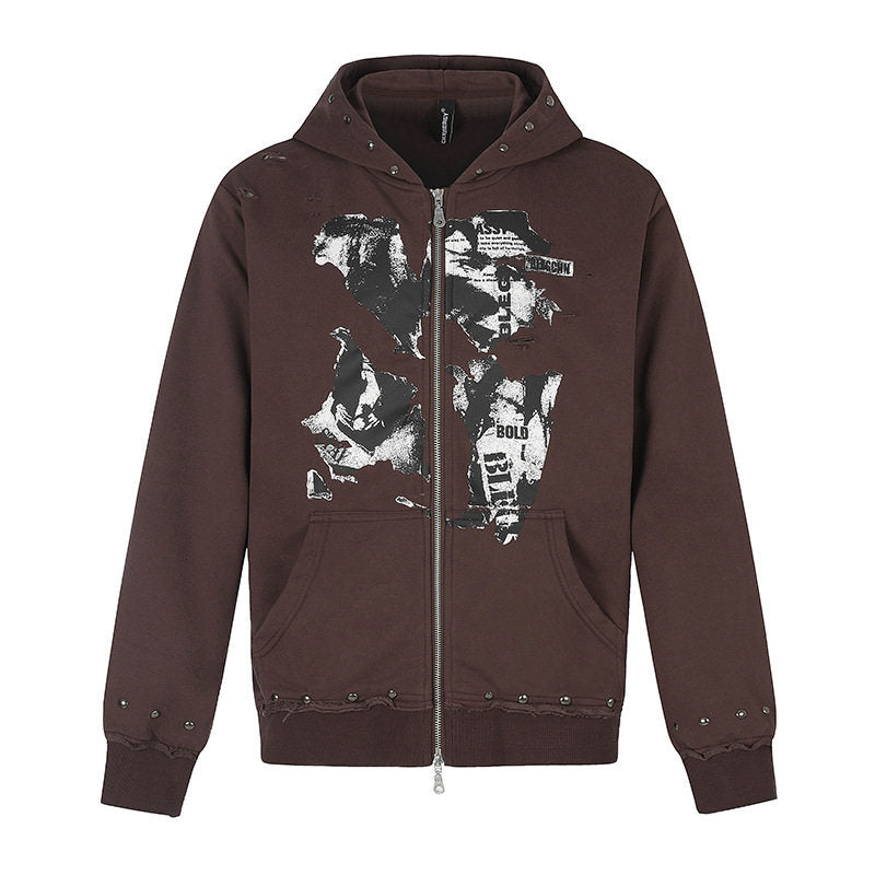 Damen Kapuzen-Sweatjacke mit zweiseitigem Reißverschluss, ausgefranstem Saum, Nietenbesatz und Collage-Print Nord Taschen