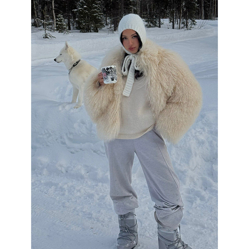 Damen Kuschelige Kurzjacke im Lammfell‑Look mit lockiger Long‑Pile‑Struktur Nord Taschen