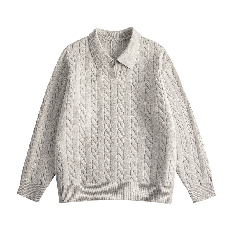 Damen Oversize Kabelstrick-Polo-Pullover mit V‑Ausschnitt und geripptem Saum Nord Taschen