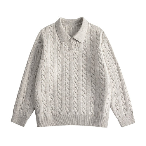 Damen Oversize Kabelstrick-Polo-Pullover mit V‑Ausschnitt und geripptem Saum Nord Taschen