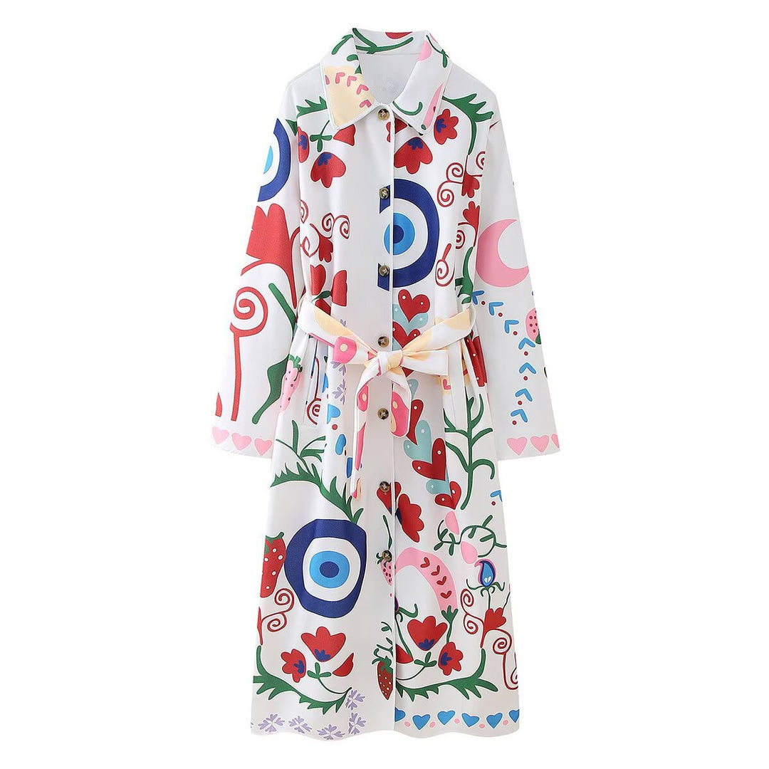Damen Bedruckter Maxi‑Hemdmantel mit Taillengürtel Nord Taschen
