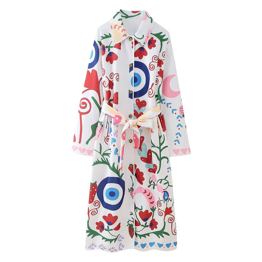 Damen Bedruckter Maxi‑Hemdmantel mit Taillengürtel Nord Taschen