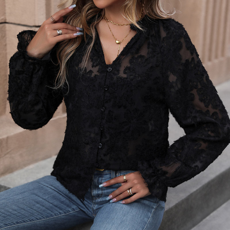 Damen Transparente Bluse mit floraler Chenille-Applikation, Knopfleiste und Rüschenmanschetten Nord Taschen