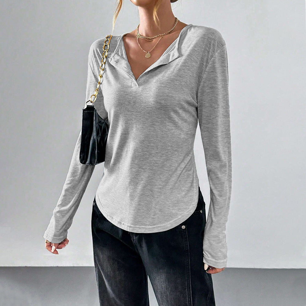 Damen legeres V-Ausschnitt Langarmshirt mit offenem Kragen, weichem Jersey und abgerundetem Saum Nord Taschen