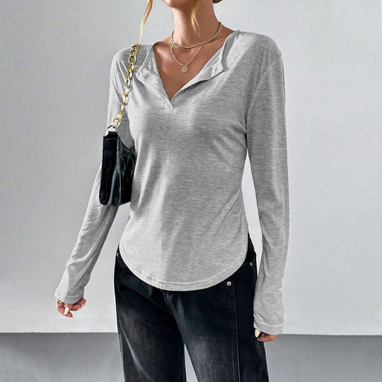 Damen legeres V-Ausschnitt Langarmshirt mit offenem Kragen, weichem Jersey und abgerundetem Saum Nord Taschen