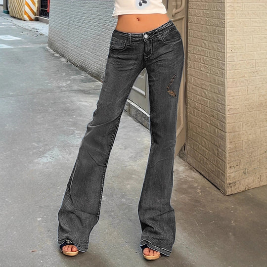 Damen Hochtaillierte Flared-Jeans mit ausgestelltem Bein, dezenter Stickerei & verlängertem Saum Nord Taschen