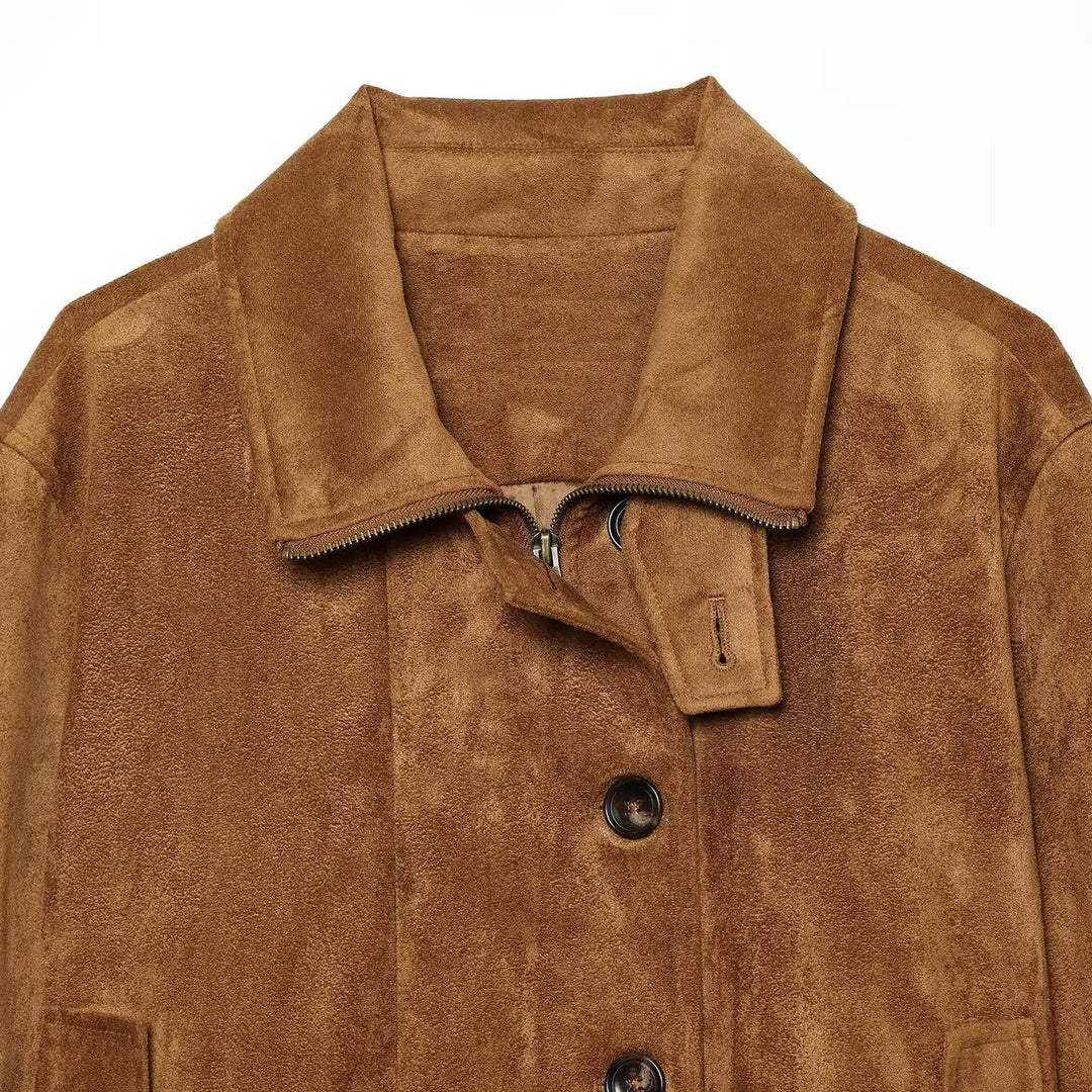 Damen Kurzblouson aus Velours‑Suede mit Knopfleiste, verdecktem Reißverschluss und elastischem Saum Nord Taschen