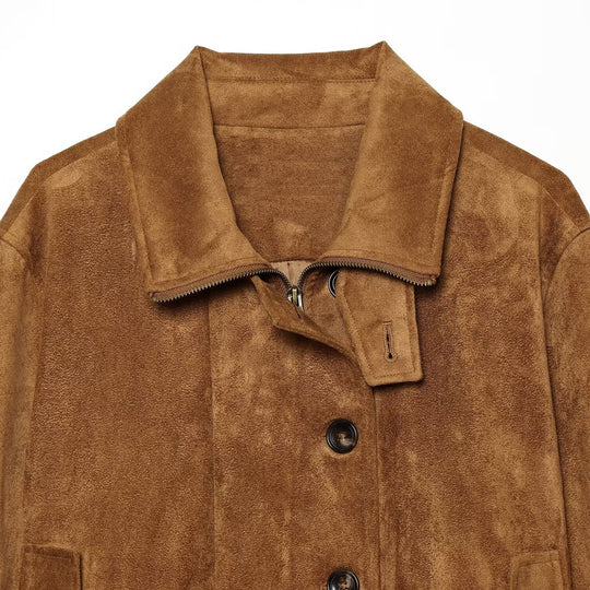 Damen Kurzblouson aus Velours‑Suede mit Knopfleiste, verdecktem Reißverschluss und elastischem Saum Nord Taschen