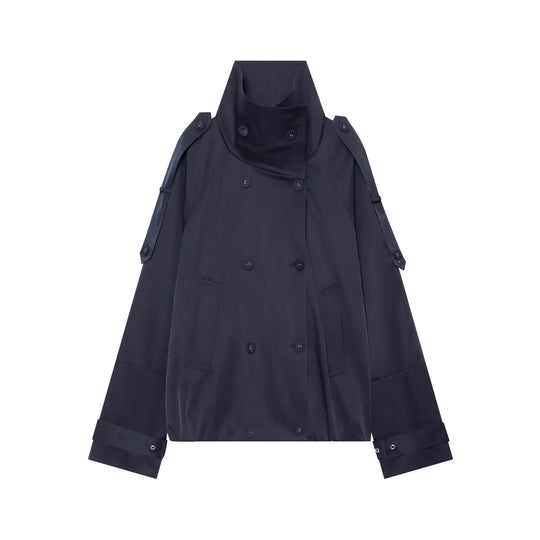 Damen Kurzgeschnittener Doppelreihiger Trenchcoat mit hohem Stehkragen und Cape-Ärmeln Nord Taschen