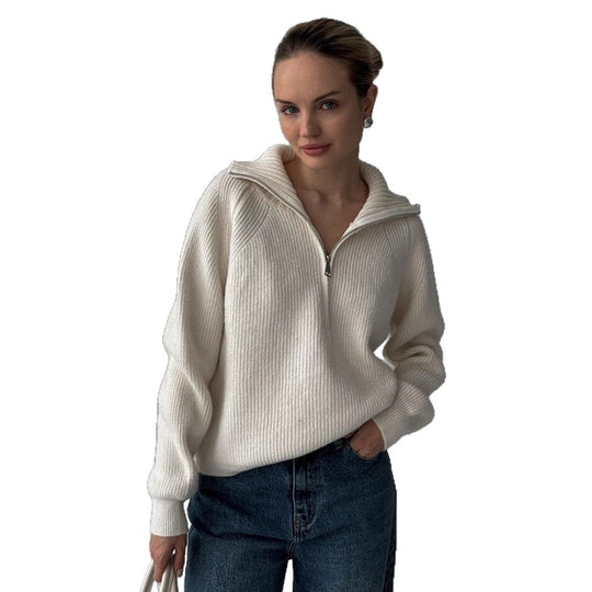 Damen Gerippter Wollmix-Pullover mit halbem Reißverschluss und weitem Stehkragen Nord Taschen