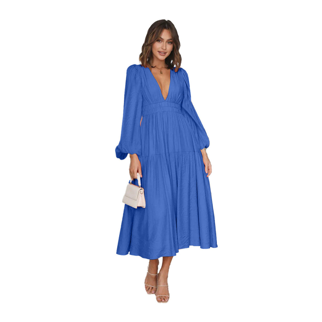 Damen Langarm Maxikleid mit tiefem V-Ausschnitt und weitem Rock