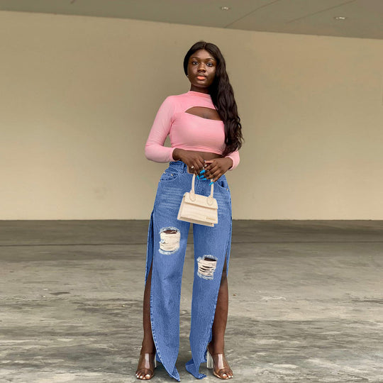 Damen geweitete Denim-Jeans mit hohen Seitenschlitzen und Destroyed-Kniepartie Nord Taschen