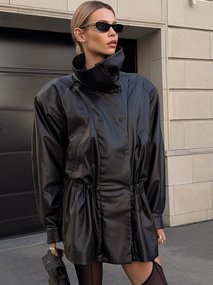 Damen Oversize Kunstleder-Parka mit hohem Stehkragen und verstellbarem Kordelzug Nord Taschen