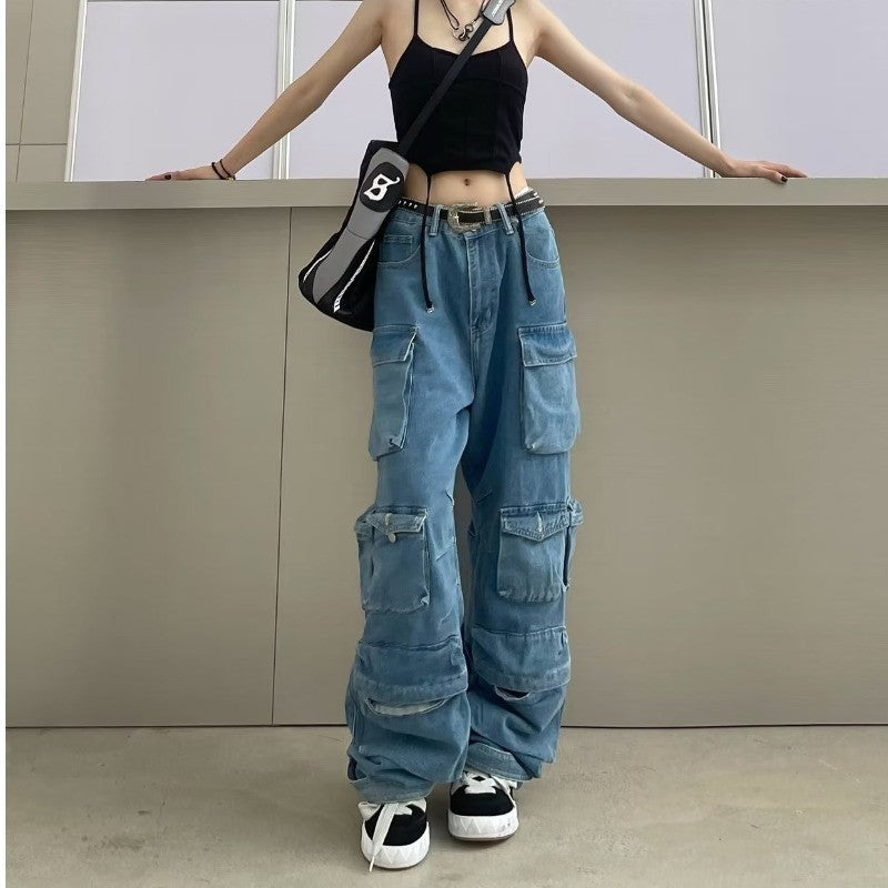 Damen weit geschnittene Cargo-Jeans mit mehreren Taschen und entspannter Passform - Arvani