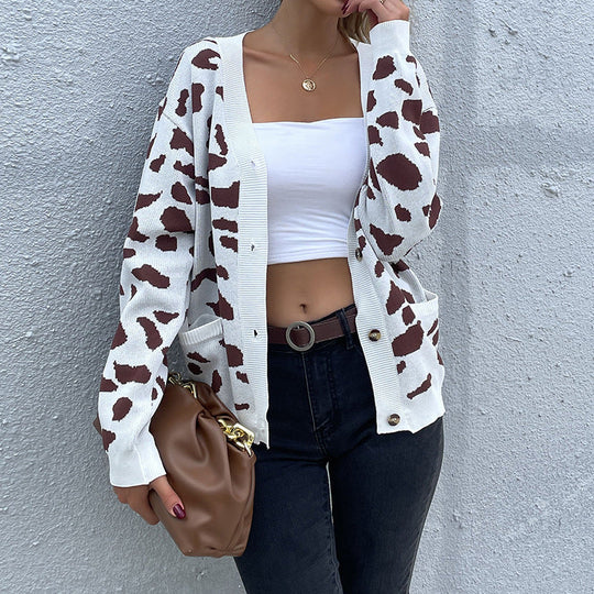 Damen Feinstrick-Cardigan mit kastiger Passform, V‑Ausschnitt und Animal-Jacquard Nord Taschen