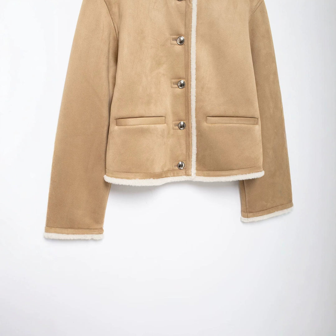 Damen Kurze Lammfelloptik-Cardiganjacke aus Veloursimitat mit Rundhals und Druckknöpfen Nord Taschen