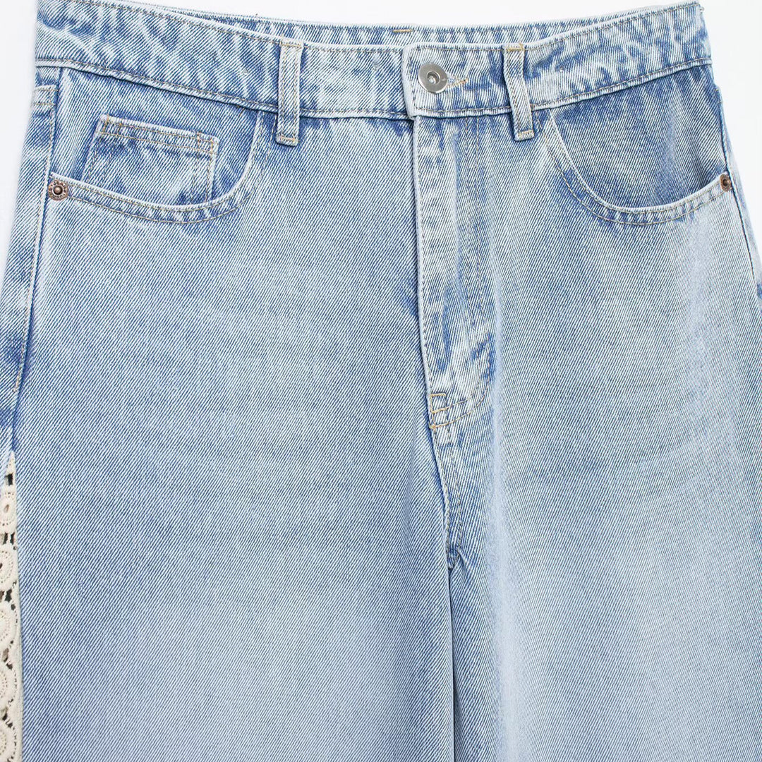 Damen Highwaist Cropped Wide‑Leg Jeans mit Häkelspitzen-Seitenstreifen Nord Taschen