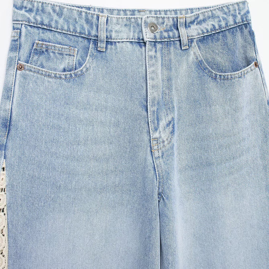 Damen Highwaist Cropped Wide‑Leg Jeans mit Häkelspitzen-Seitenstreifen Nord Taschen