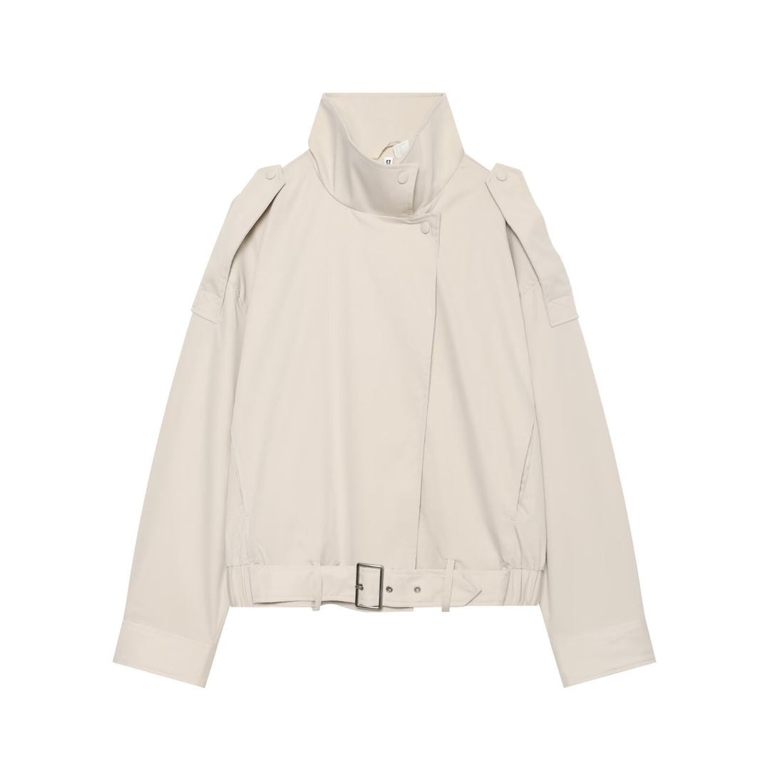 Damen Kurz geschnittene Trench-inspirierte Jacke mit hohem Stehkragen und Taillengürtel Nord Taschen