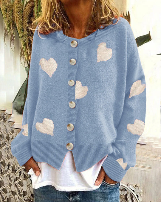 Damen Geknöpfter Oversize-Strickcardigan mit Herz-Jacquard und Perlmuttknöpfen Nord Taschen