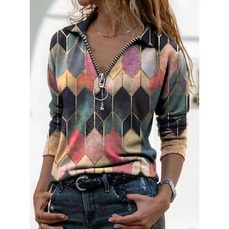 Damen Zip-Pullover mit Polokragen, grafischem Rautenprint und schmaler Passform Nord Taschen