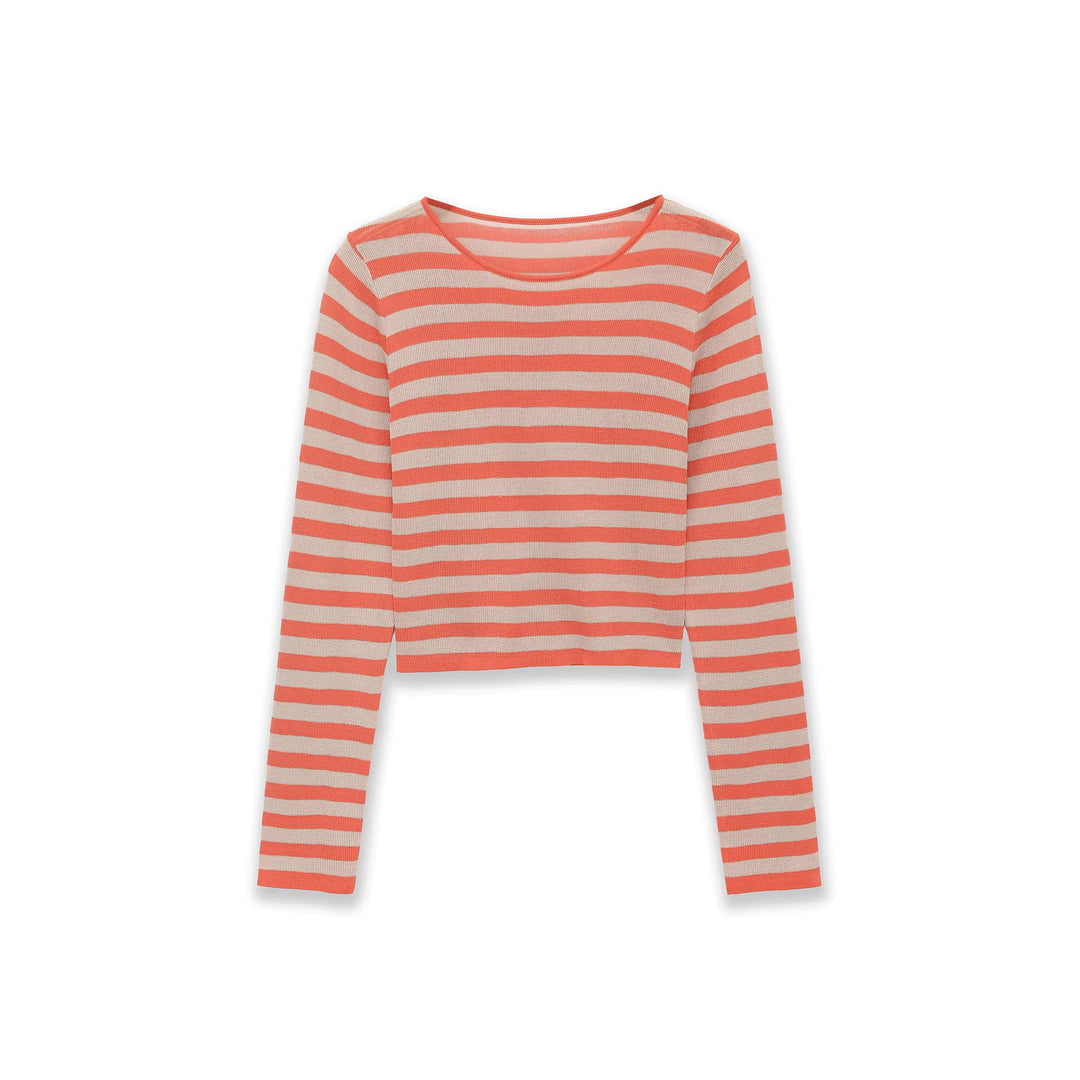 Damen Gestreifter Cropped-Feinstrickpullover mit U-Boot-Ausschnitt Nord Taschen