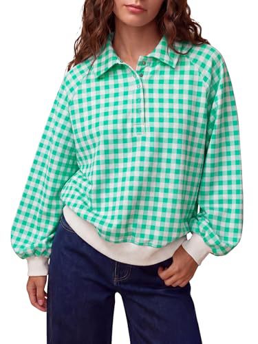 Damen Kariertes Oversize-Polo-Sweatshirt mit Ballonärmeln Nord Taschen
