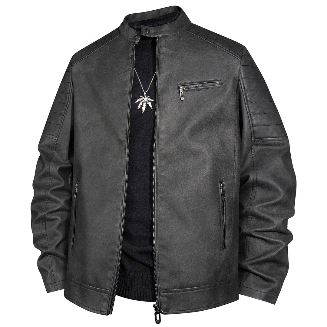 Herren Bikerjacke aus Kunstleder mit Stehkragen und gesteppter Schulter Nord Taschen