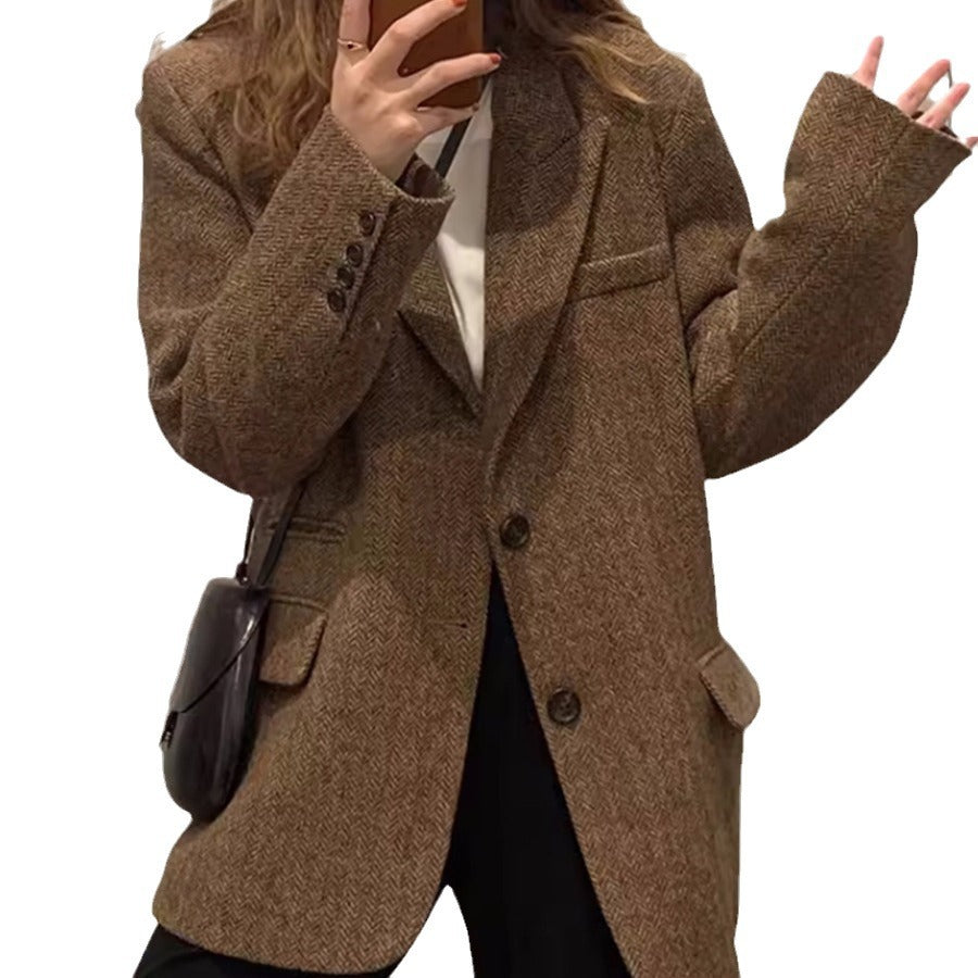Damen Oversize-Blazer aus Wollmix mit Fischgrätstruktur, kastiger Silhouette & Pattentaschen Nord Taschen