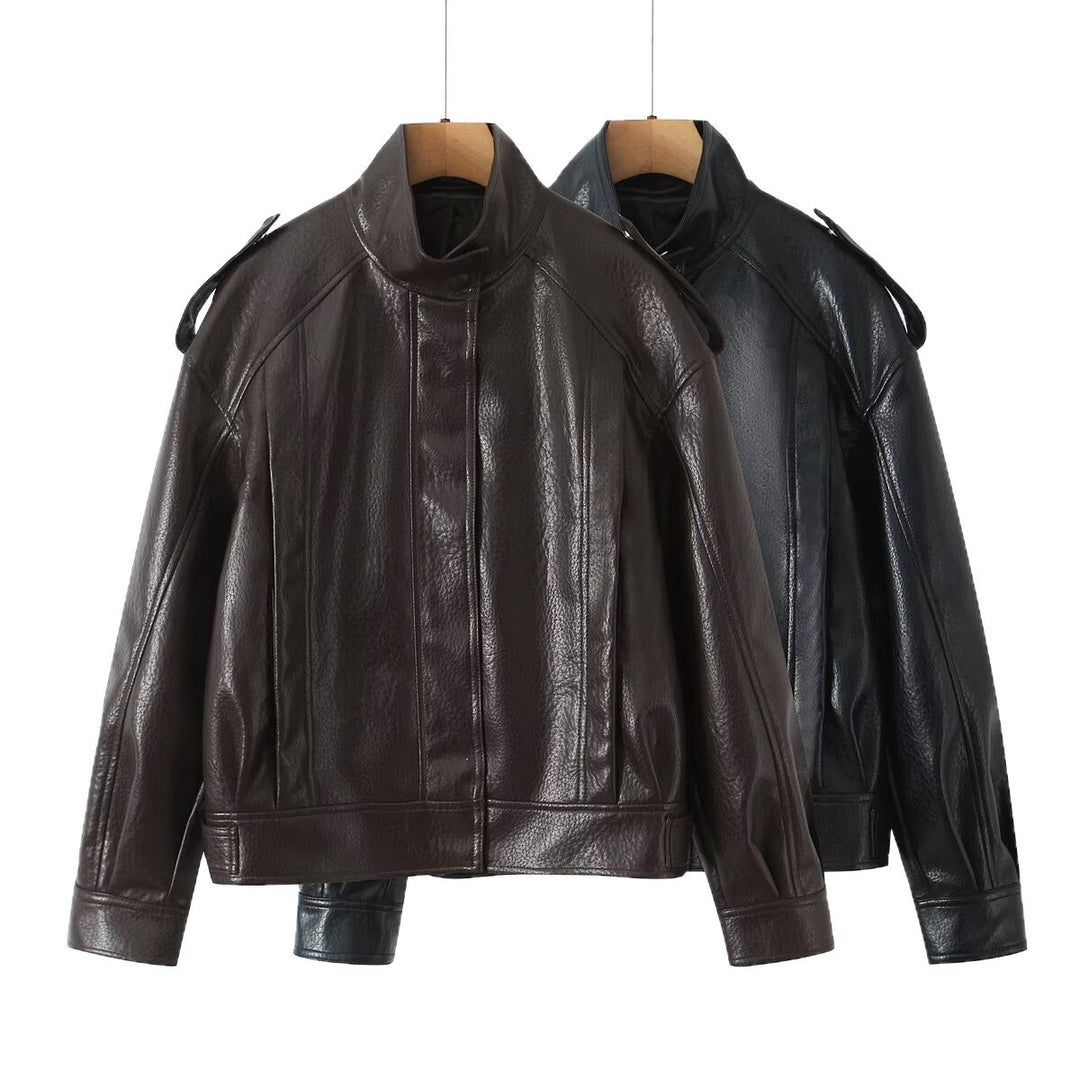 Damen Cropped Bomberjacke aus Kunstleder mit hohem Stehkragen und Schulterklappen Nord Taschen