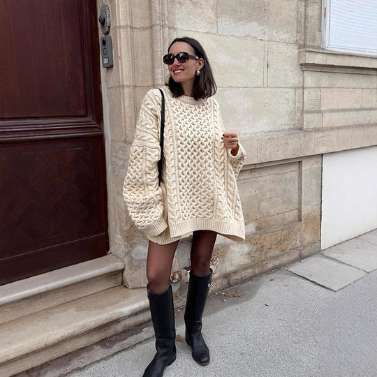 Damen Oversized Grobstrickpullover mit Zopfmuster und weiten Ballonärmeln Nord Taschen