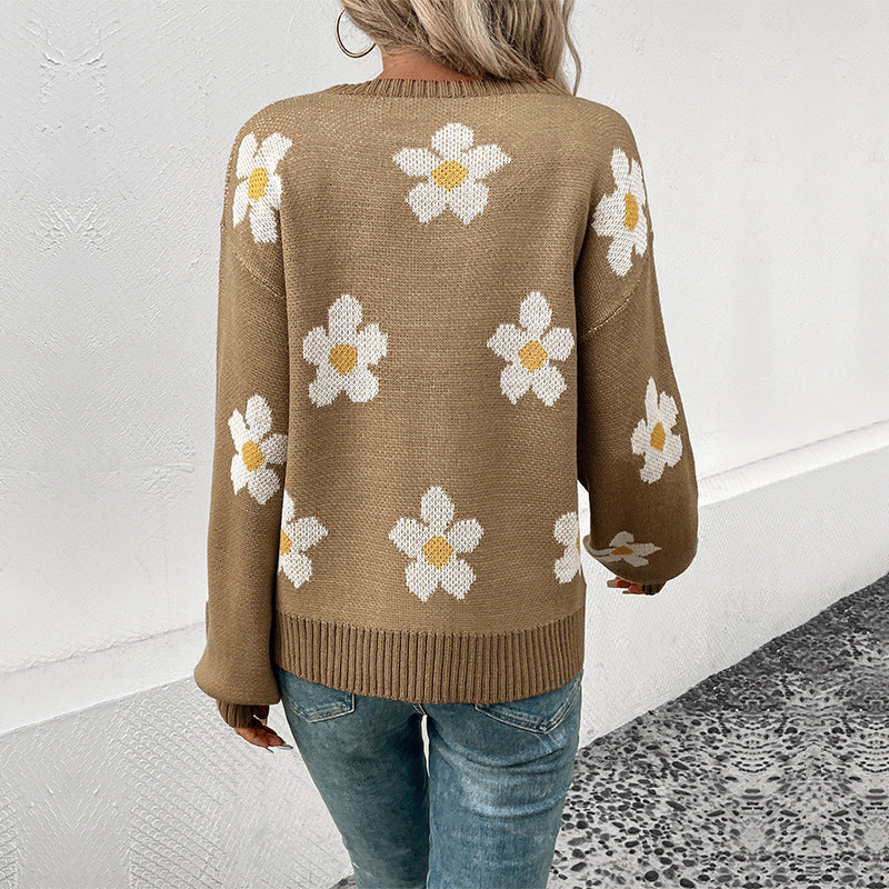 Damen Oversize-Strickpullover mit Blumenjacquard, Rundhalsausschnitt und Ballonärmeln Nord Taschen