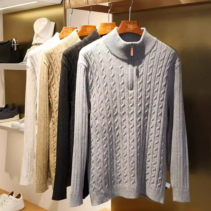 Herren Feinstrick-Pullover mit Zopfmuster und Halbzip-Stehkragen Nord Taschen