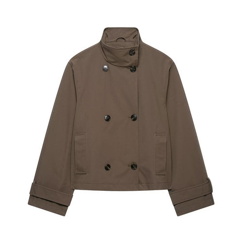 Damen Kurz geschnittener Doppelreihiger Trenchcoat mit Stehkragen und verstellbaren Ärmelriemen Nord Taschen