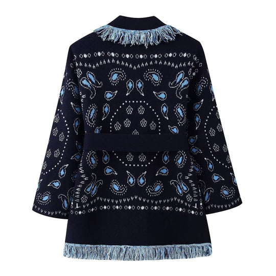 Damen Fransen-Strickjacke mit Paisley-Jacquard, Taillengürtel und offener Kimono-Silhouette Nord Taschen