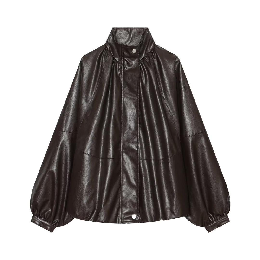 Damen Oversized Kunstleder-Cape mit Stehkragen und Ballonärmeln Nord Taschen