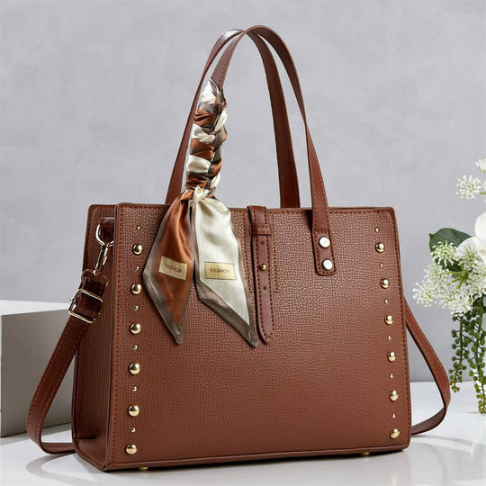 Damen elegante Tote-Handtasche mit goldenen Nieten und modischem Schal Nord Taschen