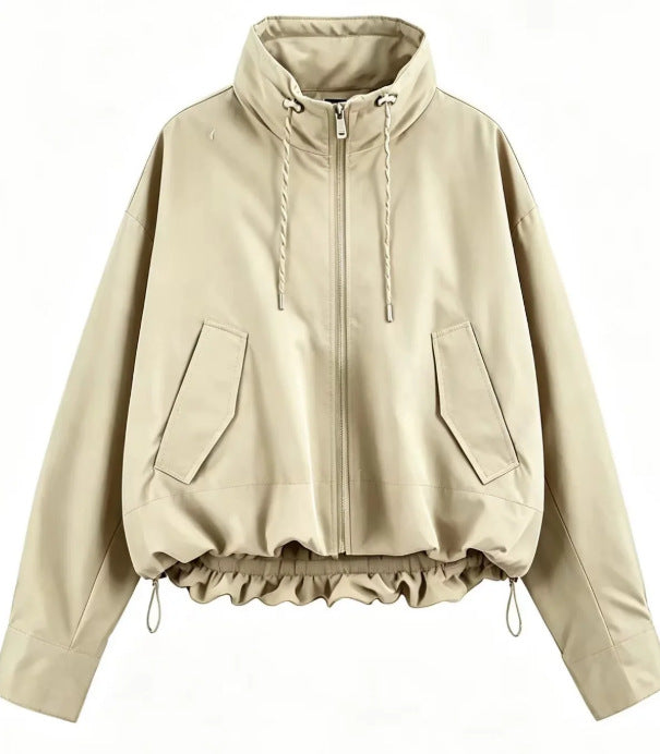 Damen Oversize Cropped Kapuzenjacke mit durchgehendem Reißverschluss, Kordelzug und gerafftem Saum Nord Taschen