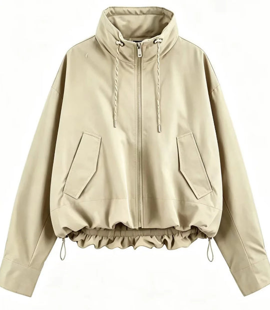 Damen Oversize Cropped Kapuzenjacke mit durchgehendem Reißverschluss, Kordelzug und gerafftem Saum Nord Taschen