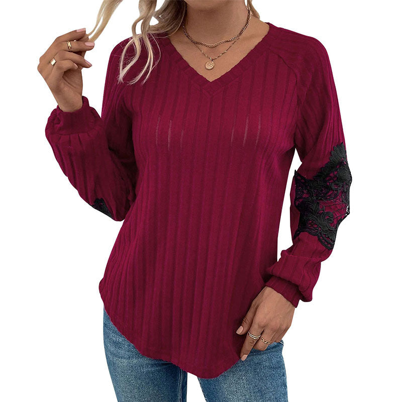 Damen Geripptes Longsleeve mit V‑Ausschnitt, Spitzen‑Einsätzen an den Ellbogen und Ballonärmeln Nord Taschen