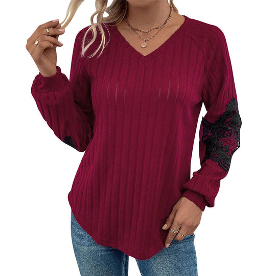 Damen Geripptes Longsleeve mit V‑Ausschnitt, Spitzen‑Einsätzen an den Ellbogen und Ballonärmeln Nord Taschen