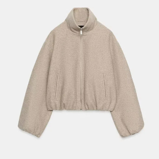 Damen Kurz geschnittene Bouclé‑Blousonjacke mit Stehkragen, elastischem Saum und Ballonärmeln Nord Taschen
