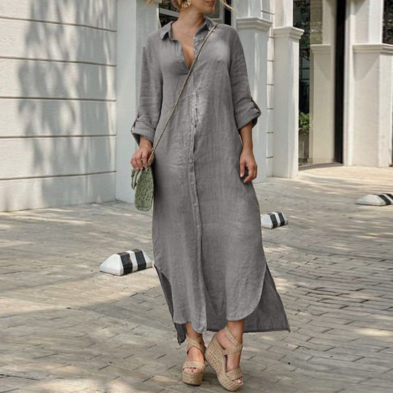 Damen Hemdblusenkleid mit durchgehender Knopfleiste, seitlichen Schlitzen und 3/4-Ärmeln Nord Taschen