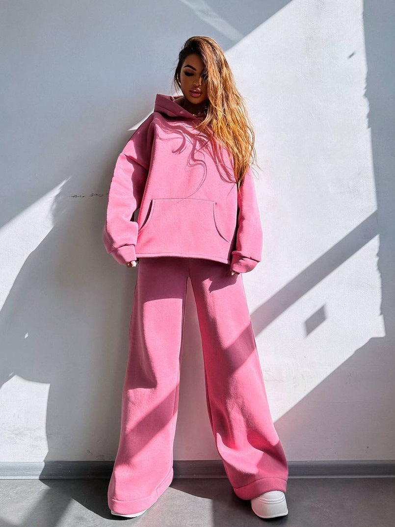 Damen Scuba-Fleece Lounge-Set mit Oversize-Kapuzenpullover und weiter Flare-Hose Nord Taschen